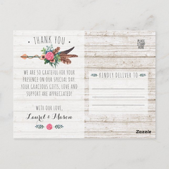 Rustic Bohemian Arrow Wedding Thank You Photo Postcard (Back)