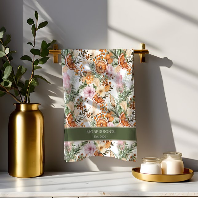 Rustic bohemian botanical winter citrus Christmas Tea Towel (Rustic bohemian botanical winter citrus practical Christmas gifts personalized Kitchen Towel)