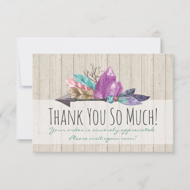 Rustic Bohemian Crystals & Arrow Watercolor Wood Announcement (Front)