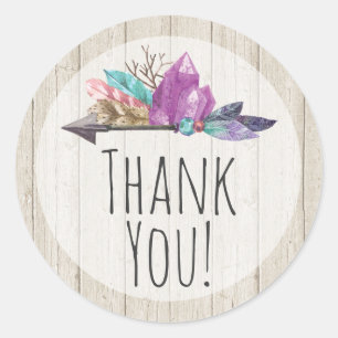 Rustic Bohemian Crystals & Arrow Wood Thank You Classic Round Sticker