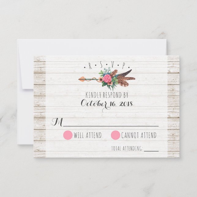 Rustic Bohemian Feathers Arrow Wedding RSVP Card (Front)