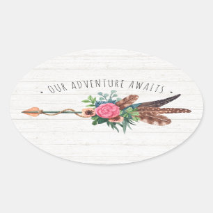 Rustic Bohemian Feathers & Rose Arrow Wedding Oval Sticker