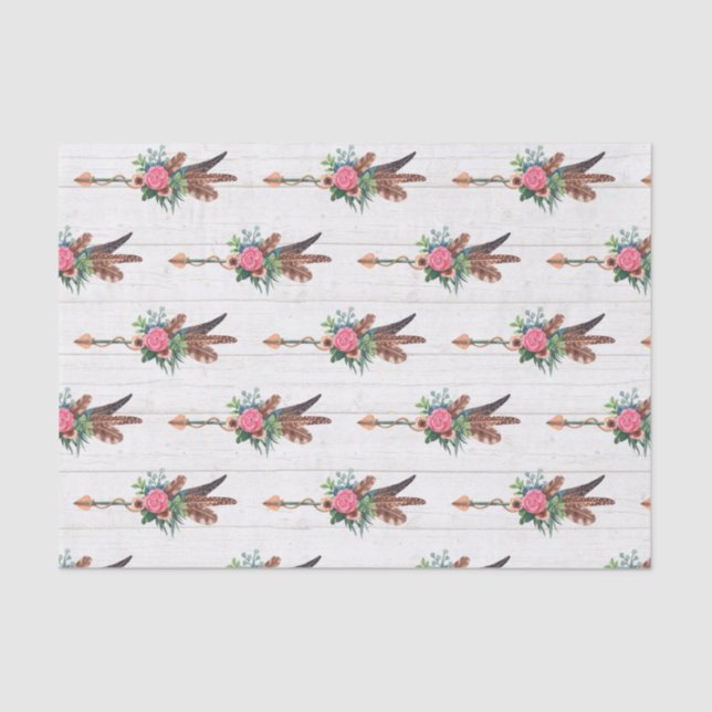 Rustic Bohemian Feathers & Rose Arrow Wedding Tissue Paper (Front)