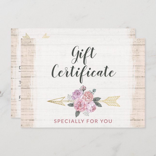 Rustic Bohemian Floral Arrow Gift Certificate Card (Front/Back)