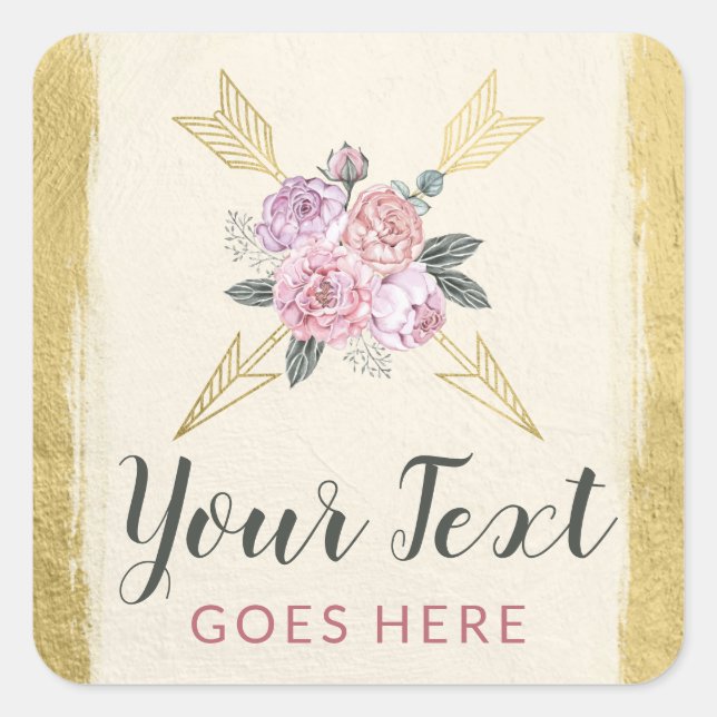 Rustic Bohemian Floral Arrows Blush Pink Gold Boho Square Sticker (Front)