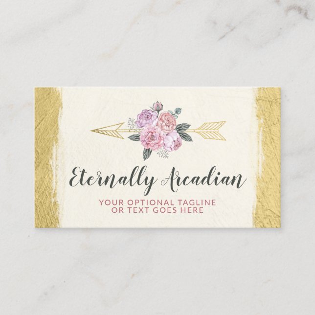Rustic Bohemian Floral Arrows Gold Boho Social Business Card (Front)
