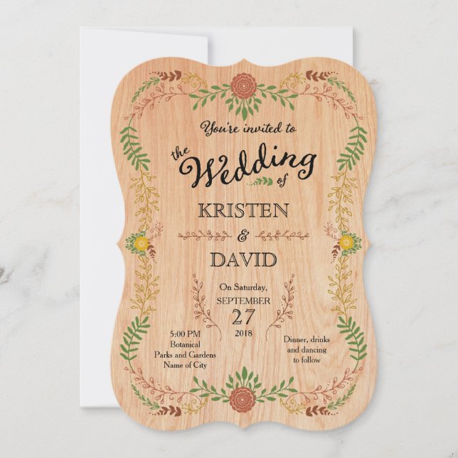 Rustic Bohemian Foliage Wreath on Wood Invitation (Front)