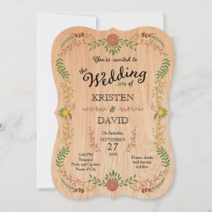 Rustic Bohemian Foliage Wreath on Wood Invitation
