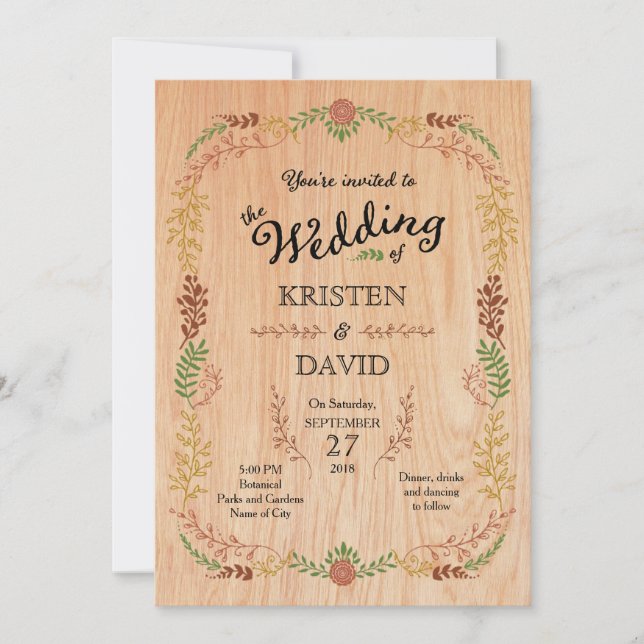 Rustic Bohemian Foliage Wreath on Wood Invitation (Front)