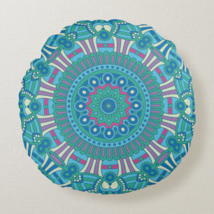 Rustic Bohemian Geometric Mandala Blue Purple Round Cushion