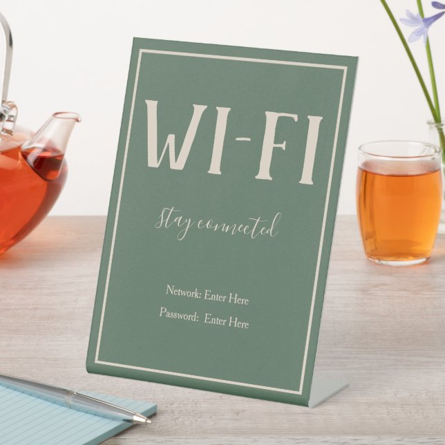 Rustic Bohemian Green Wi-Fi Guest Pedestal Sign (In SItu)