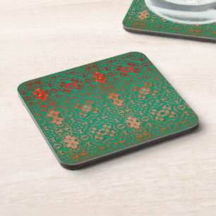 Rustic Bohemian Jade and Red Pattern Coaster