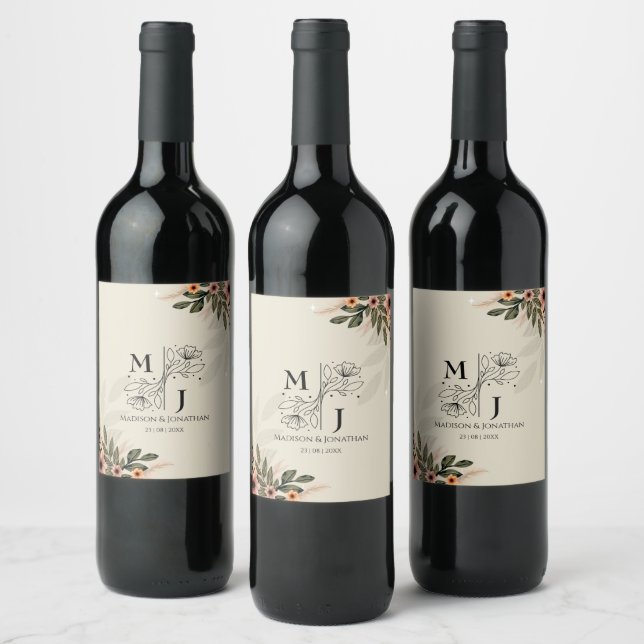 Rustic Bohemian Minimalist Wedding Wine Label (Bottles)