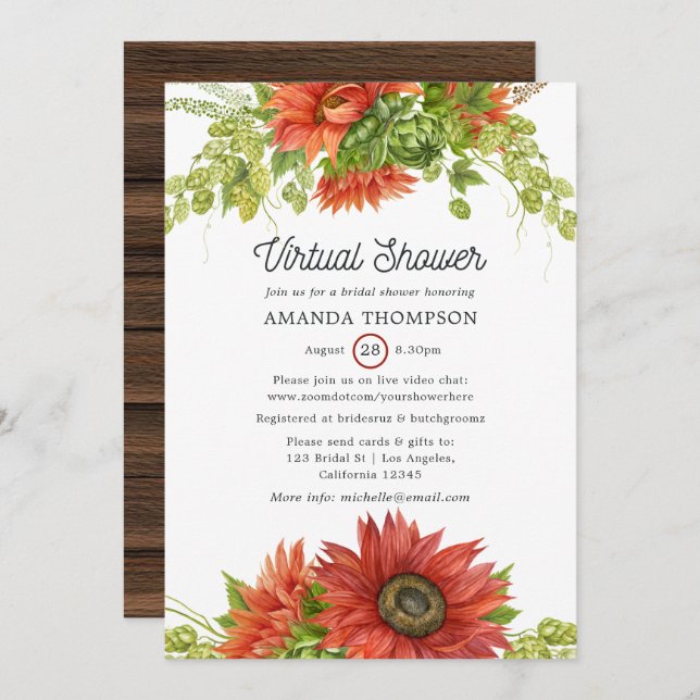 Rustic Bohemian Red Sunflower Virtual Shower Invitation (Front/Back)