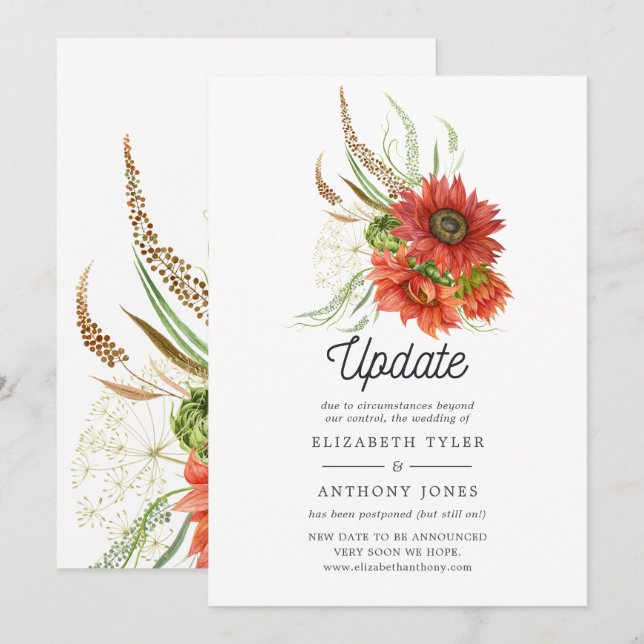 Rustic Bohemian Red Sunflower Wedding Update Invitation (Front/Back)
