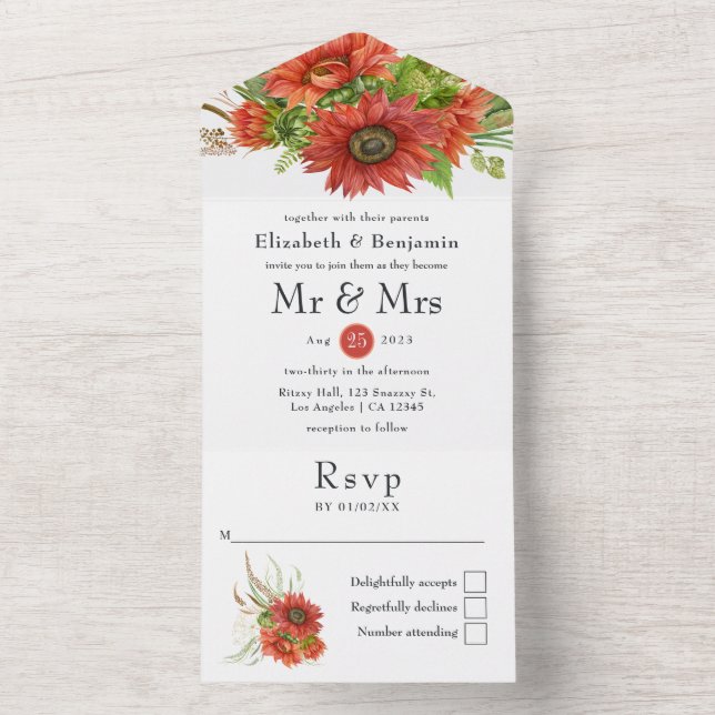 Rustic Bohemian Red Sunflowers Wedding All In One  Invitation (Inside)