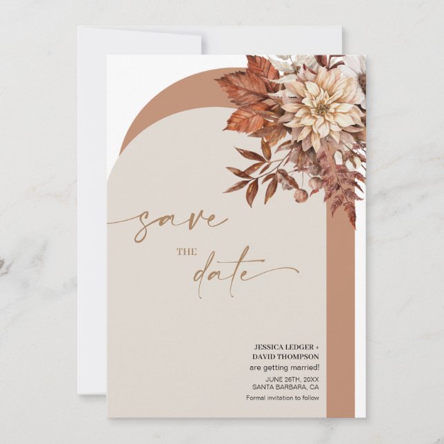 Rustic Bohemian Terracotta Fall Arch Save the date Invitation (Front)