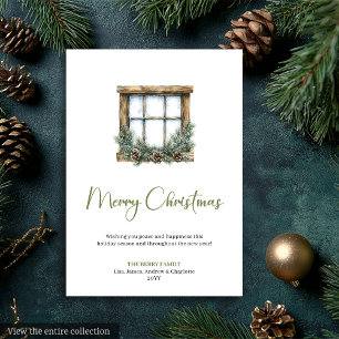 Rustic Bohemian Watercolor Pine Wreath Xmas Card