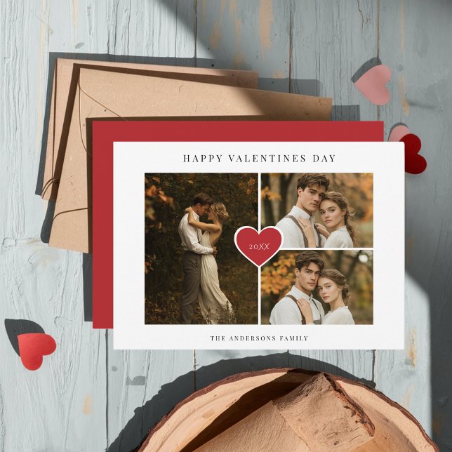 Rustic Boho 3 Photo Red Love Heart Valentines Day Holiday Card (Creator Uploaded)