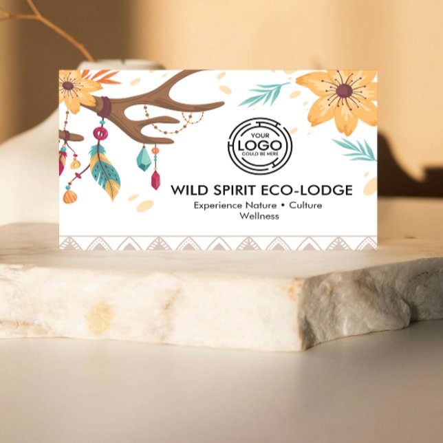 Rustic Boho Antlers, Feathers Beads Floral Tribal  Business Card (featuring rustic boho artwork with antlers, feathers, beads, and floral accents. warm earth colors)