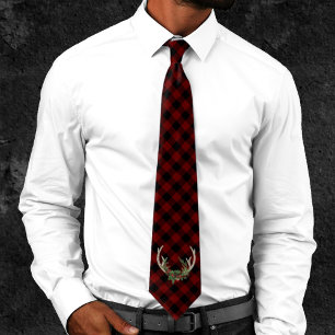 Rustic Boho Antlers Floral Buffalo Red Black Plaid Tie