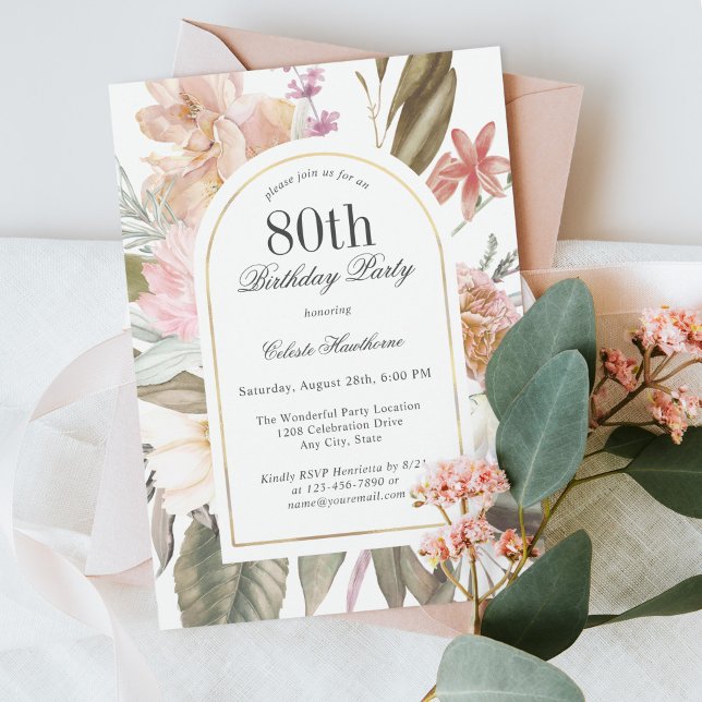 Rustic Boho Arch Frame Floral 80th Birthday Party Invitation (Celebrate this milestone birthday in lovely style!)