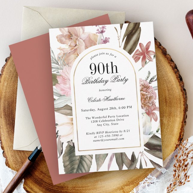 Rustic Boho Arch Frame Floral 90th Birthday Party Invitation (Creator Uploaded)