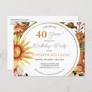 Rustic Boho Autumn Sunflower 40th Birthday Party I Invitation Postcard