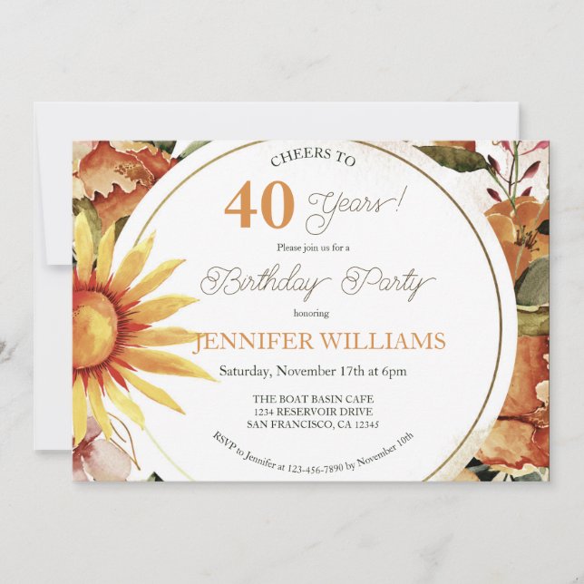 Rustic Boho Autumn Sunflower 40th Birthday Party Invitation (Front)