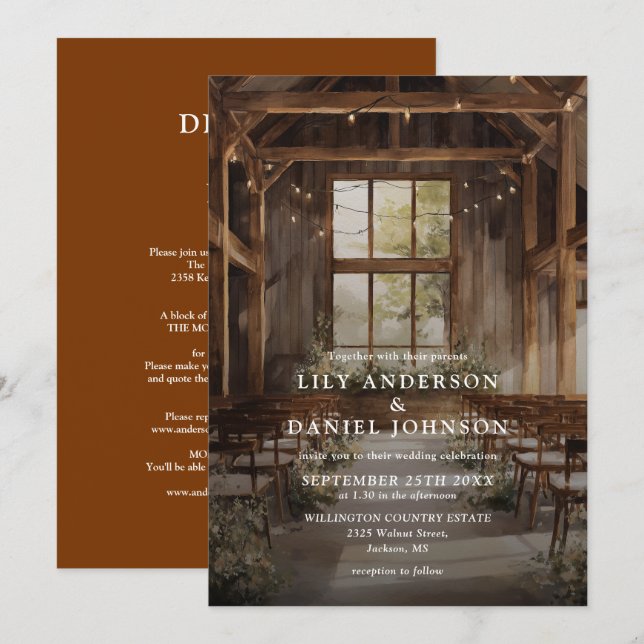 Rustic Boho Barn String Lights All In One Wedding Invitation (Front/Back)
