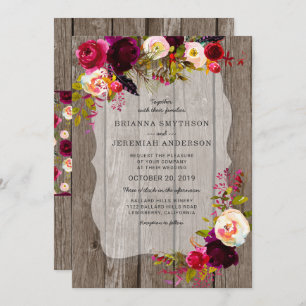 Rustic Boho Barn Wood burgundy floral wedding Invitation