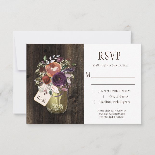 Rustic Boho Barn Wood Mason Jar Purple Floral RSVP Card (Front)