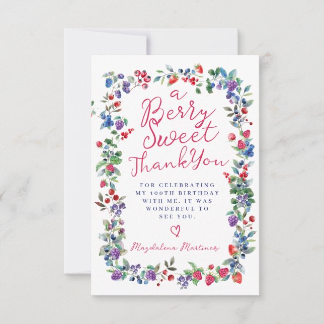 Rustic Boho Berry Summer 100th Birthday Flat Thank You Card (Front)
