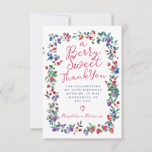 Rustic Boho Berry Summer 40th Birthday Flat Thank You Card (Front)