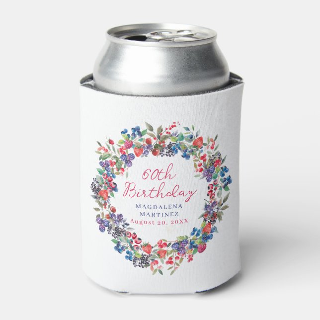 Rustic Boho Berry Summer 60th Birthday Custom Can Cooler (Can Front)