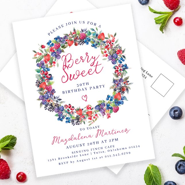 Rustic Boho Berry Sweet Summer 30th Invitation Postcard (Creator Uploaded)