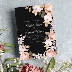 Rustic boho black pink coral ivory floral wedding  invitation
