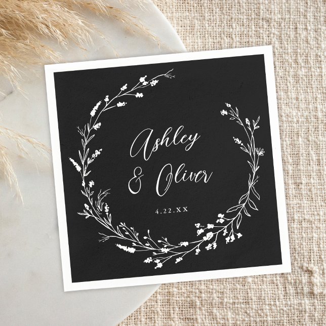 Rustic Boho Black White Wildflower Floral Wedding Napkin (Creator Uploaded)