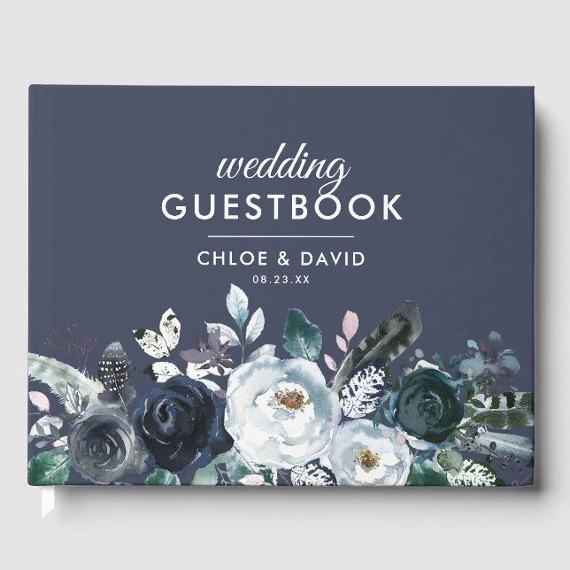 Rustic Boho Blue Floral Watercolor Wedding Guest Book (Front)