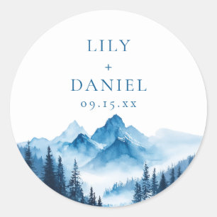 Rustic Boho Blue Watercolor Mountains Wedding Classic Round Sticker