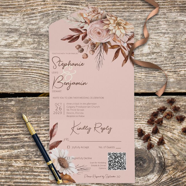 Rustic Boho Blush Neutrals Floral Pink QR Code All In One Invitation (Creator Uploaded)