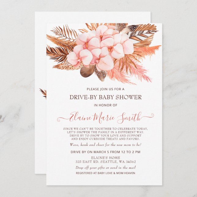 Rustic Boho Blush Pampas Drive By Baby Shower Invitation (Front/Back)
