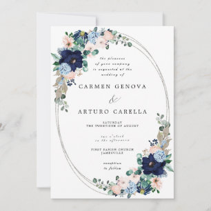 Rustic Boho Blush Pink Dusty Blue Floral Wedding Invitation