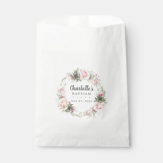 Rustic Boho Blush Pink Rose Floral Baptism Favour Bag (Front)