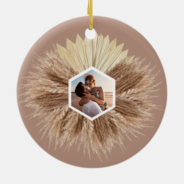 Rustic Boho Bohemian Pampas Grass Custom Photos Ceramic Ornament (Back)