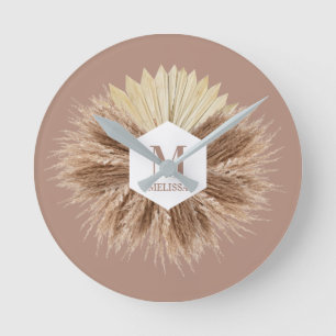 Rustic Boho Bohemian Pampas Grass Monogram Round Clock