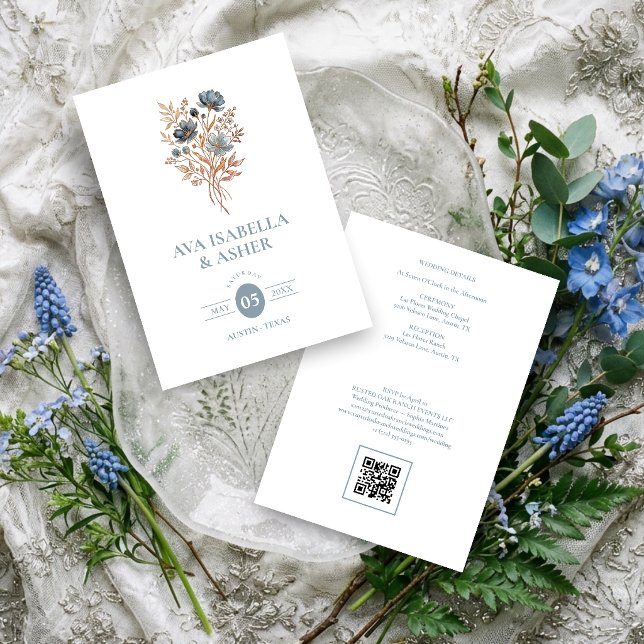 Rustic Boho Botanical Posy Blue Wedding TLW26 Invitation (Rustic Boho Botanical Posy Dusty Blue Wedding Invitation Card with a Lovely Watercolor Effect.)