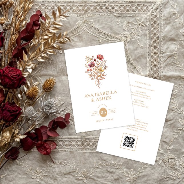 Rustic Boho Botanical Posy Gold Wedding TLW26 Invitation (Rustic Boho Botanical Posy Gold Wedding Invitation Card with a Lovely Watercolor Effect.)