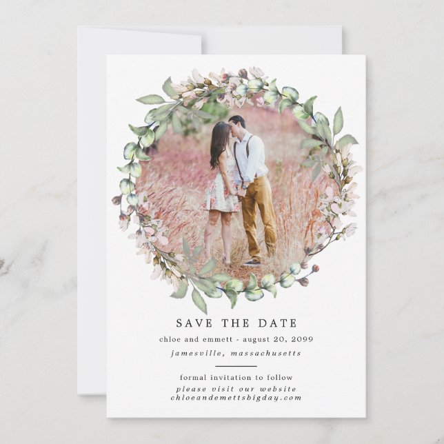 Rustic Boho Botanical Wreath Photo Wedding Save The Date (Front)