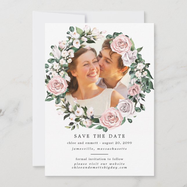 Rustic Boho Botanical Wreath Photo Wedding Save The Date (Front)
